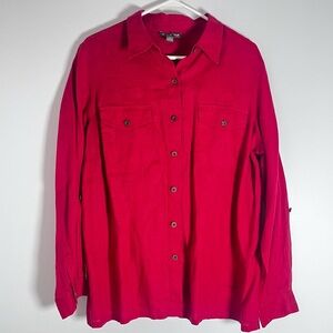 GO SILK, 100% Linen Red Button-Down Shirt w/Pockets & Adjustable Sleeves Size 1X